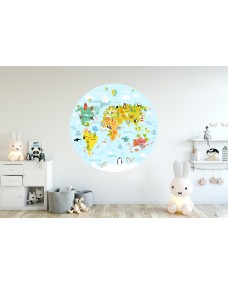 Väggdekal - Världskarta / Flygplan och luftballong / Cirkel
