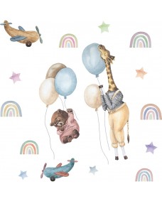 Väggdekal - Giraff och björn med ballonger