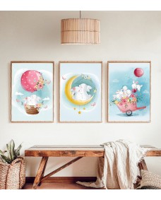 Posters - Pastellkaniner och måne / Set om 3