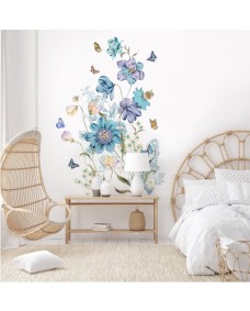 Väggdekal - Blå blommor och fjäril