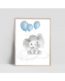 Affisch - Elefant med Ballonger / Blå