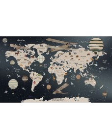 Väggdekal - Världskarta med Djur och Flygplan
