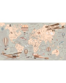 Väggdekal - Världskarta med Djur och Luftballonger