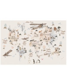 Väggdekal - Världskarta med Djur, Träd, Berg och flygplan