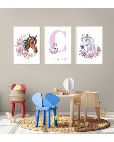 Posters - Häst med Blommor / Personlig / Set om 3
