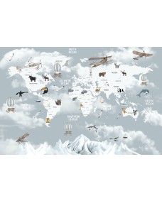 Affisch - Världskarta med luftballonger och Biplan
