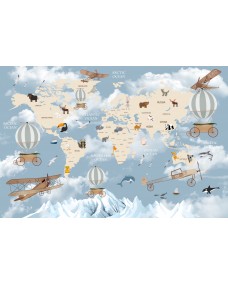 Affisch - Världskarta med djur och Biplan