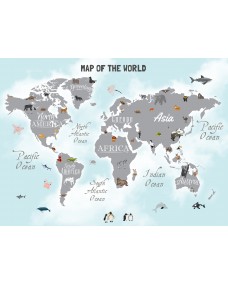 Väggdekal - Världskarta /  Blått och grått