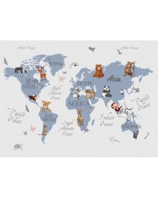 Väggdekal - Världskarta /  Fåglar och djur