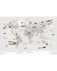 Väggdekal - Världskarta / Biplan och djur