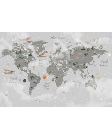 Väggdekal -  Världskarta / Luftballonger, Träd och Biplan