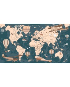 Väggdekal -  Världskarta / Fåglar och biplan