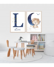 Affisch - Lejon och en blå måne / Personlig / Set med 2