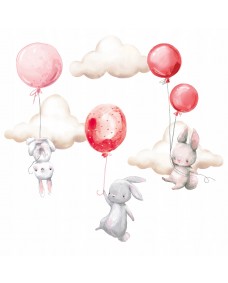 Väggdekal - Kaniner med ballonger och moln / Röd