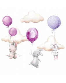 Väggdekal - Kaniner med ballonger och moln / Lila