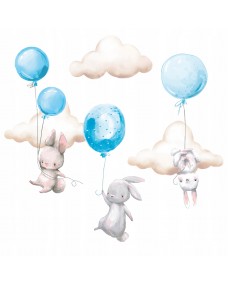 Väggdekal - Kaniner med ballonger och moln / Blå