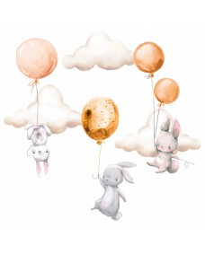 Väggdekal - Kaniner med ballonger och moln / Orange