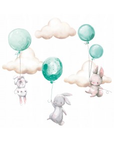 Väggdekal - Kaniner med ballonger och moln / Grön