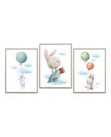 Posters - Kaniner med ballonger / Set om 3