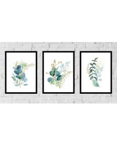 Posters - Blå blad och blommor / Set om 3
