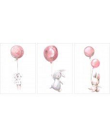 Posters -  Kanin med rosa ballonger / set med 3