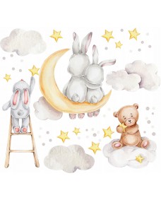 Väggdekal - Björn och kaniner i månen och molnen