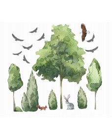 Väggdekal - Skogsträd och fåglar
