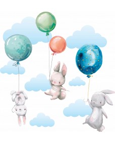 Väggdekal - Kaniner med ballonger och moln