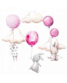 Väggdekal - Kaniner med ballonger och moln / Rosa