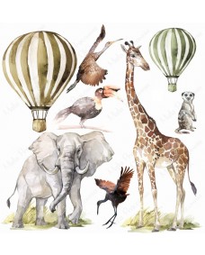 Väggdekal – Savannah Afrika elefant, giraff, luftballong