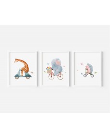 Posters -  Djur med cykel / Set om 3