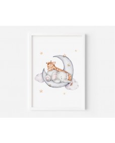 Poster - Baby giraff och elefant som sover i månen