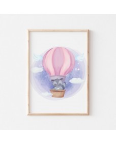 Poster - Baby tvättbjörn i varmluftsballong