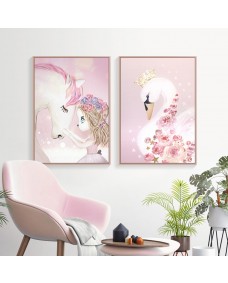 Affisch - Flicka med enhörning och Swan / set med 2