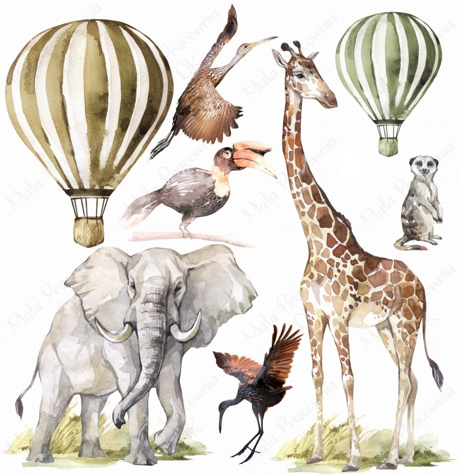 Väggdekal – Savannah Afrika elefant, giraff, luftballong