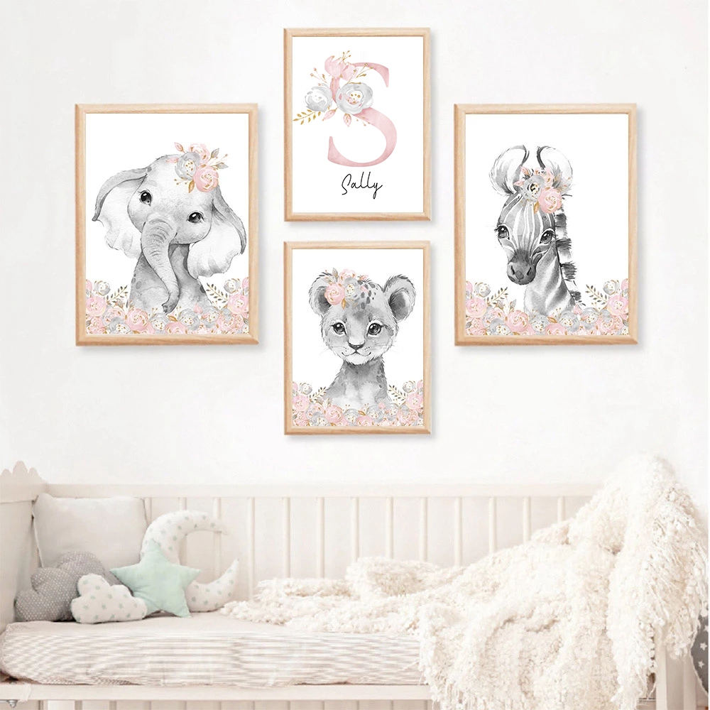 Affisch - Elefant Lejon Zebra / Personlig / Set om 4
