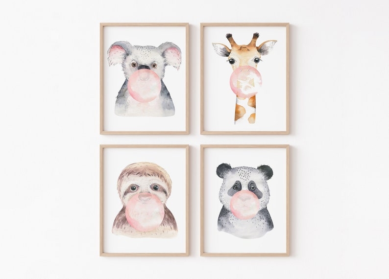 Posters - Giraffe Koala Panda Sloth with Bubble Gum / Set om 4