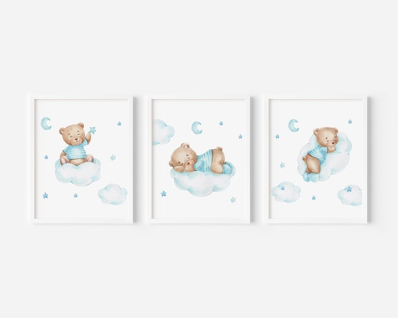 Posters - Teddy Björn i molnen / Blå / Set med 3