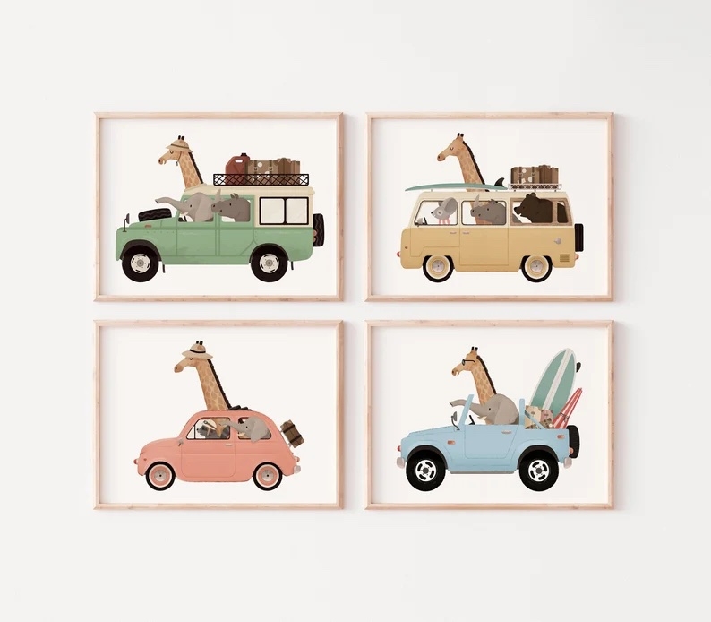 Posters - Djur i bilen / Set om 4