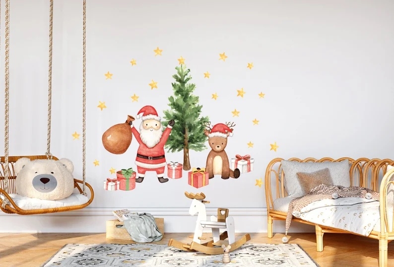 Väggdekal - Julgran med Jultomten