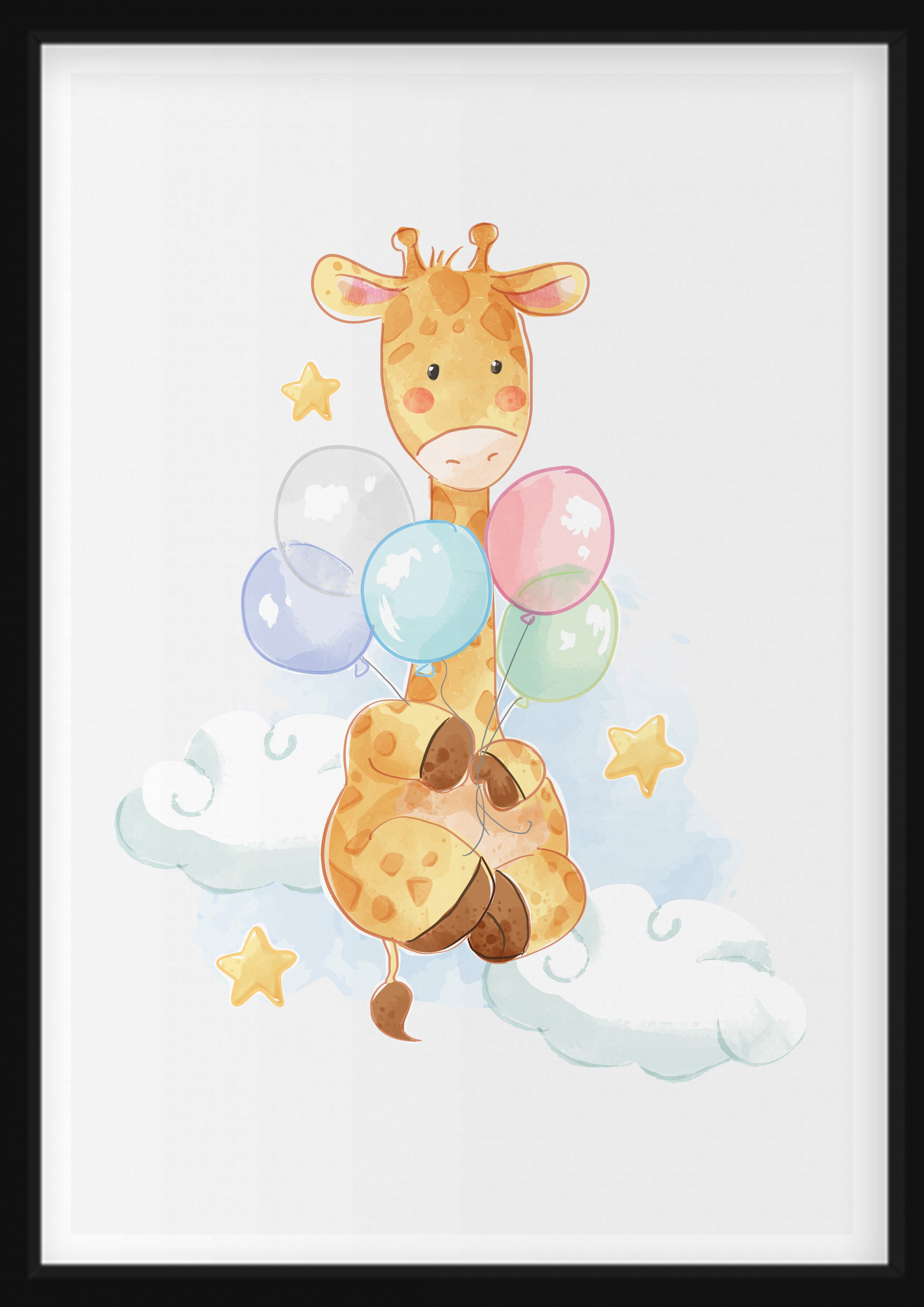 Poster - Giraff med ballonger i molnen