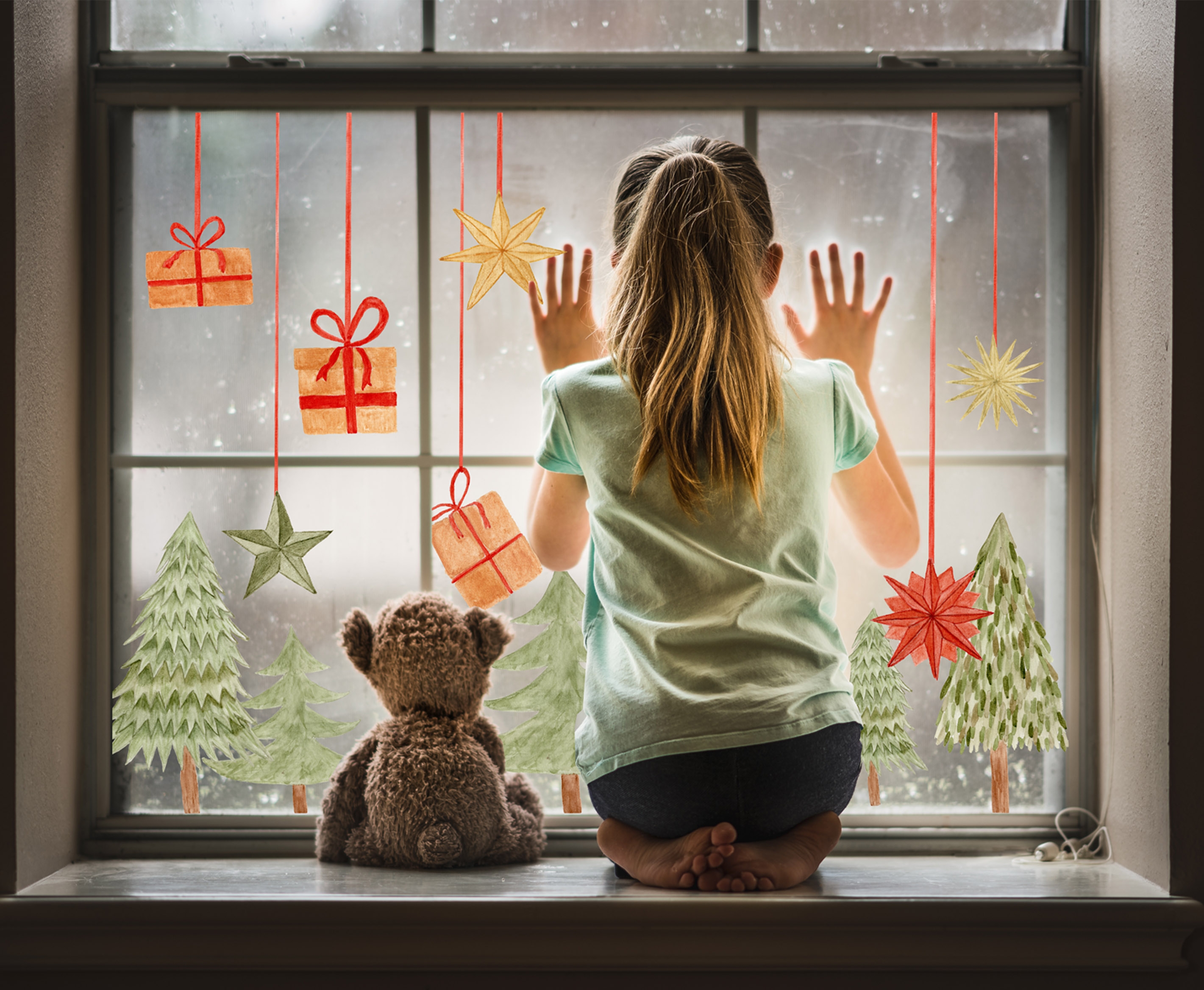 Väggklistermärke – Julgranar och hängprydnader