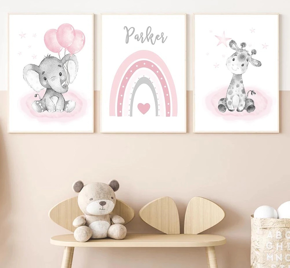 Posters - Regnbåge och djur på molnen / Rosa / Personlig / Set om 3