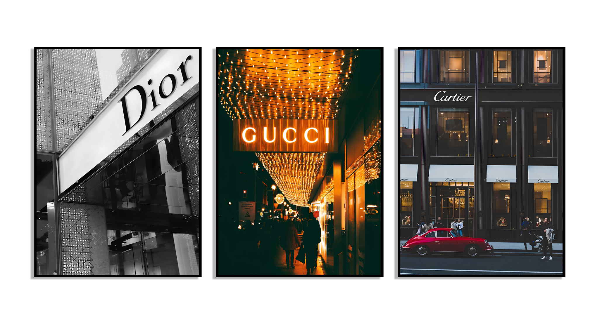 Affisch – Lyxiga Landmärken / En Resa Genom Högmodet / Dior, Gucci, Cartier / Sats om 3