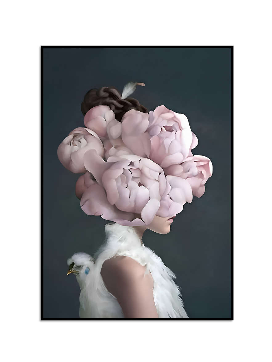 Affisch- Blomsterflicka / Rosa Blommor och en Fågel