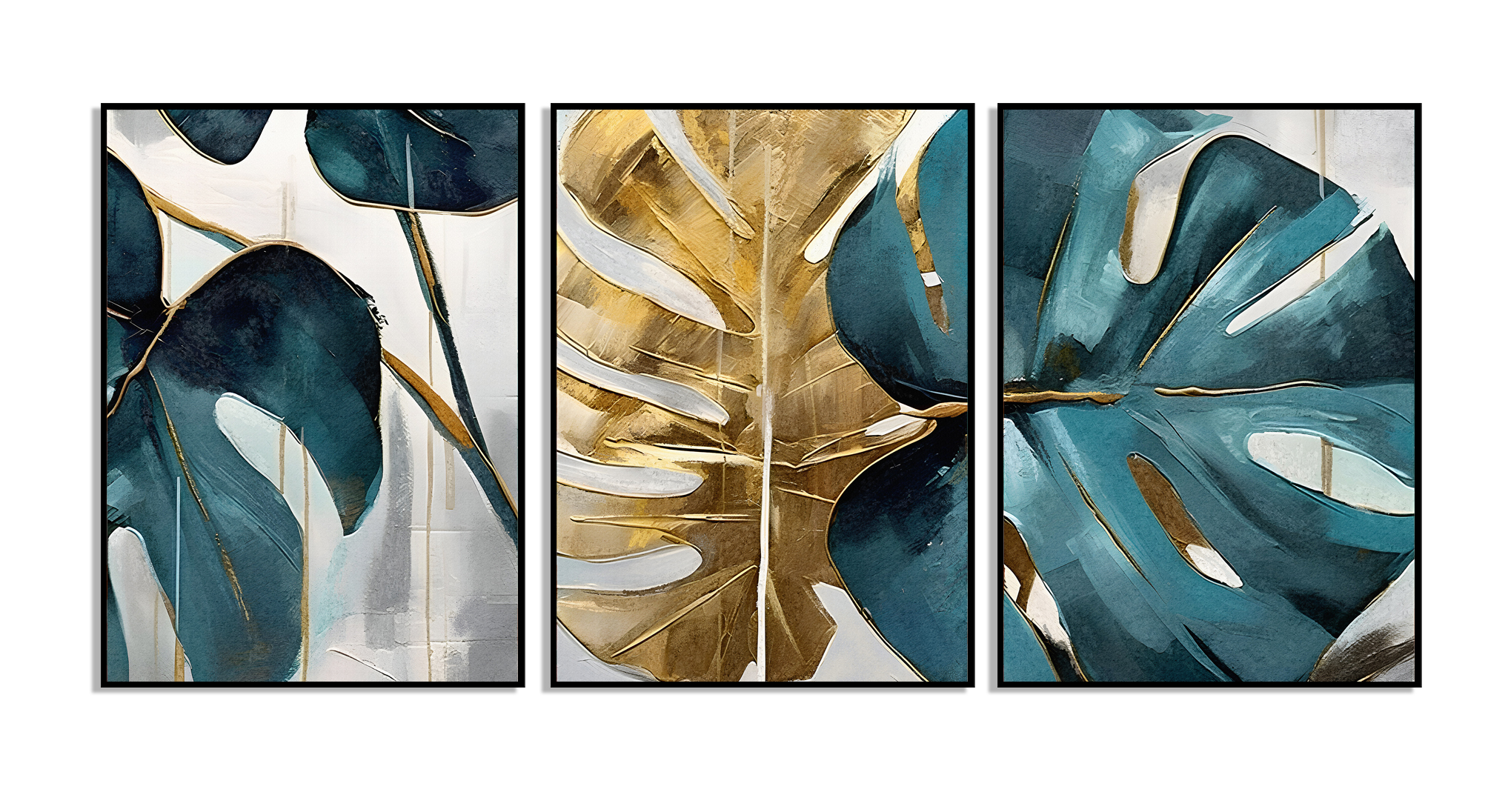 Posters – Gyllene och kricka blå Monstera blad / Set med 3