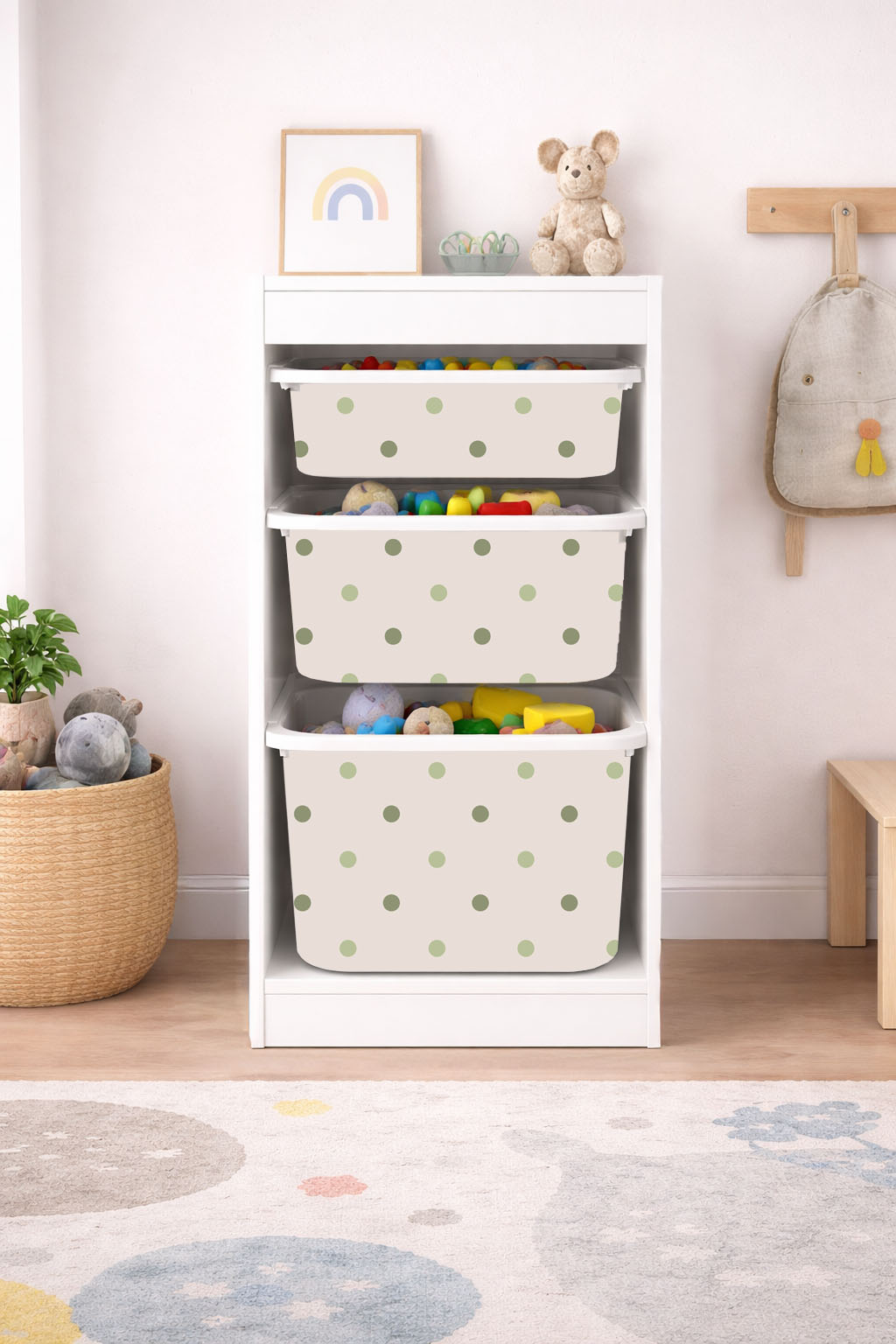 Självhäftande klistermärke – Trofast Box dekal – Långsida / Välj storlek / Green Dots