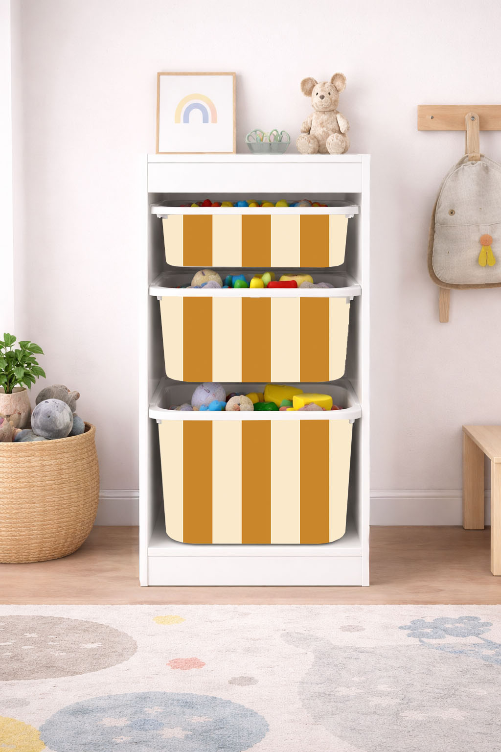 Självhäftande klistermärke – Trofast Box dekal – Långsida / Välj storlek / Stripes mustard-cream