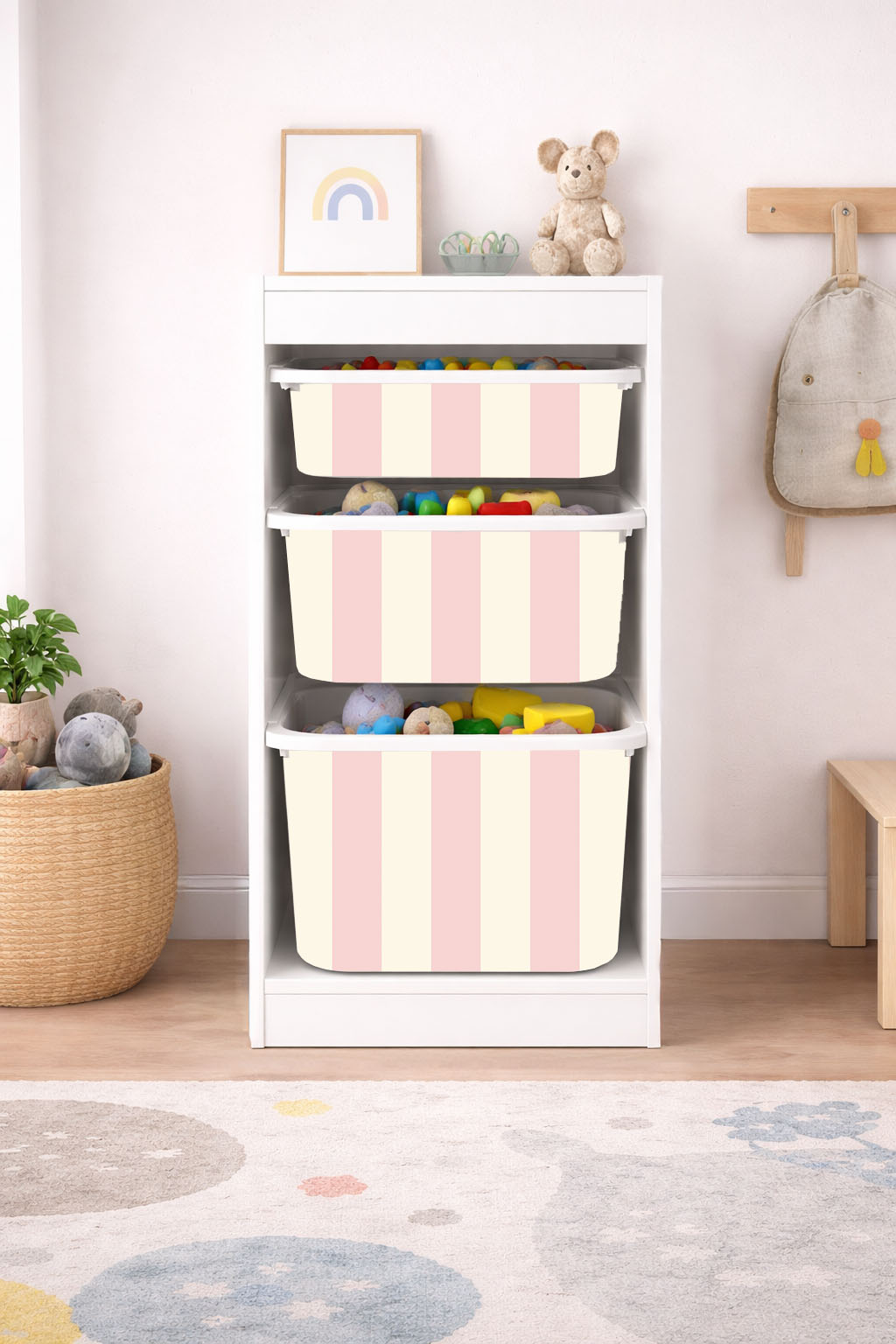 Självhäftande klistermärke – Trofast Box dekal – Långsida / Välj storlek / Stripes pink-cream