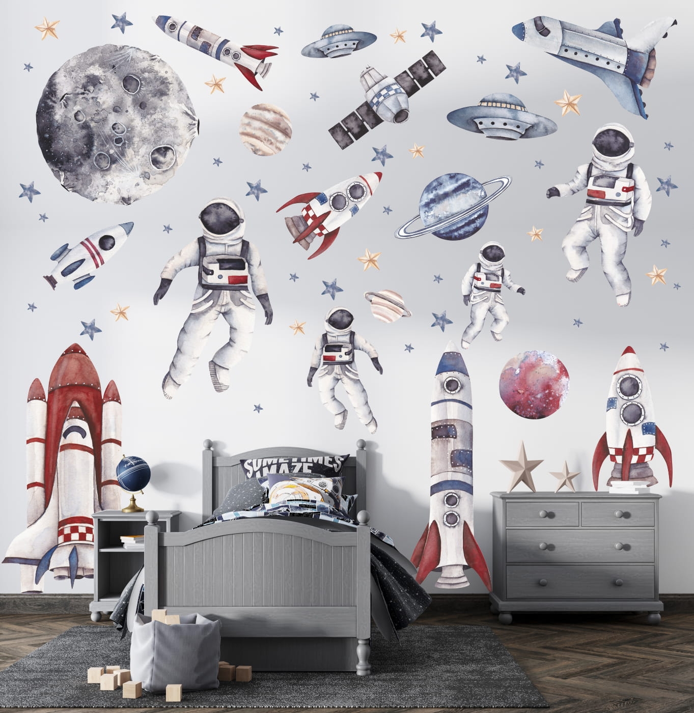 Väggdekal - Uppsättning av raketer, astronauter, planeter